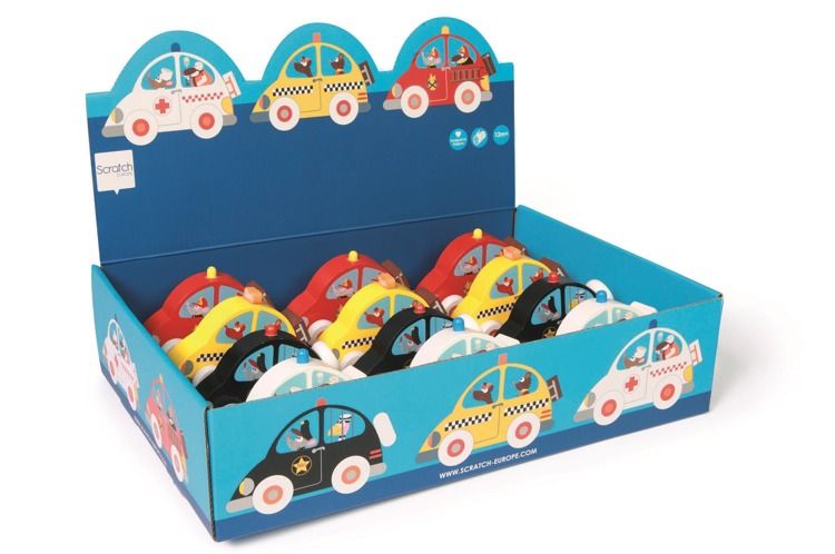 Cztery drewniane samochodziki Cztery drewniane samochodziki