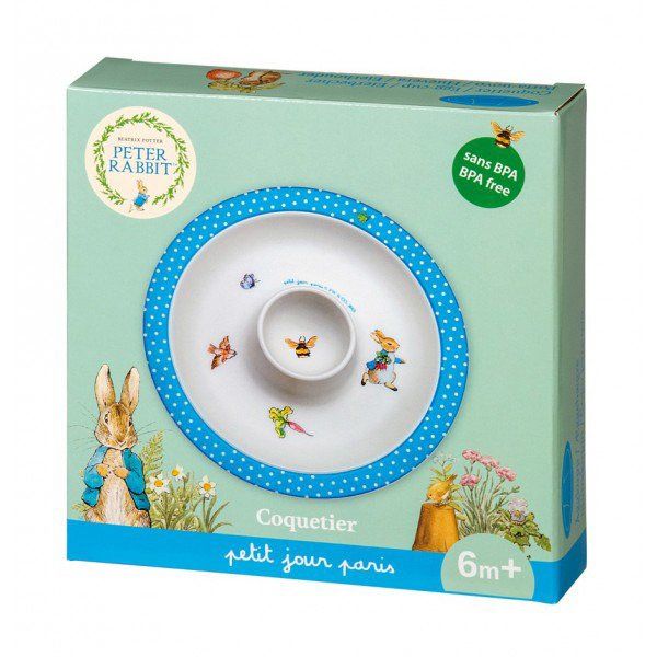 Talerzyk dla dzieci fi 16 cm z kieliszkiem na jajko, Królik Piotruś Petit Jour Paris®_2 Talerzyk kieliszek Królik Piotruś