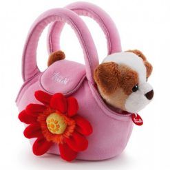 Piesek w różowej torebce z kwiatkiem
